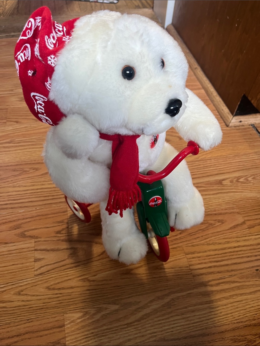 Coca-Cola White Polar Bear Plush on Green Tricycle with Red Accents
